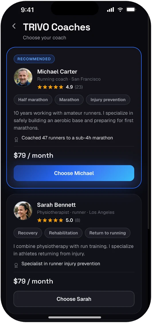 Choosing a coach in the TRIVO app